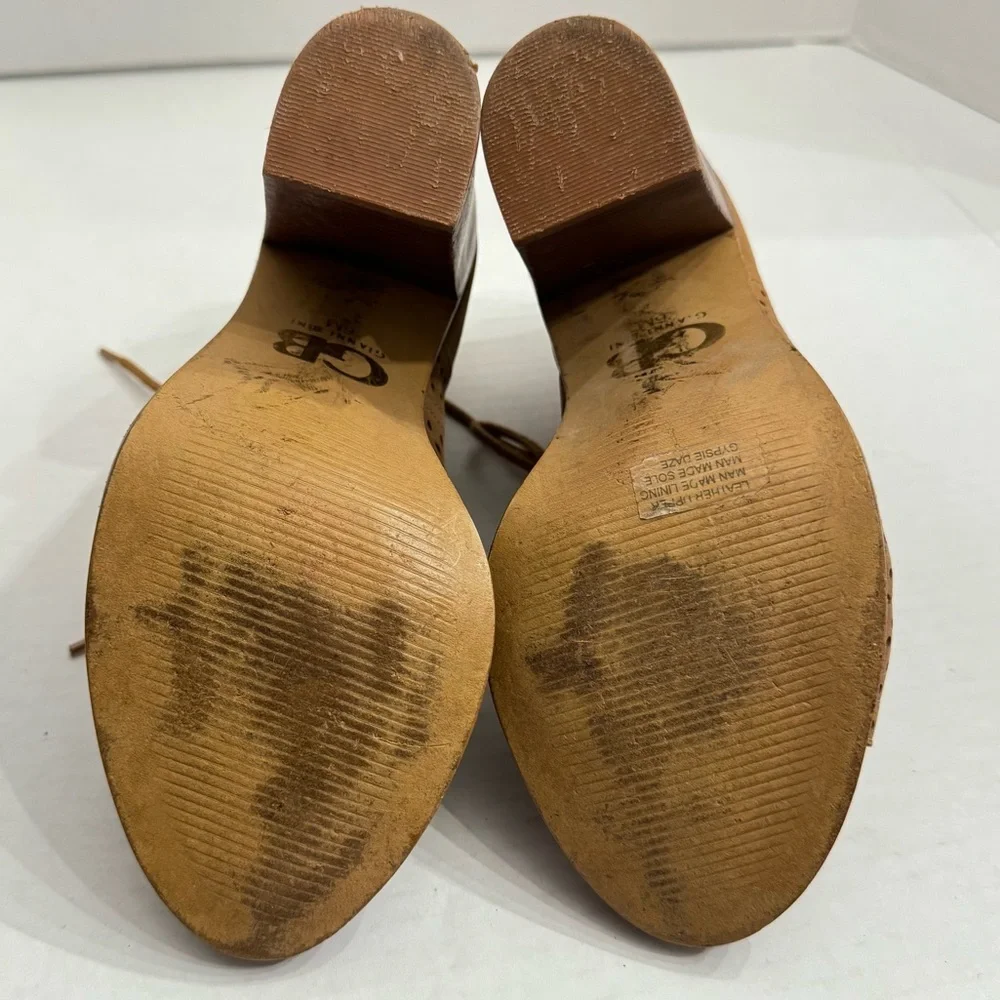 Gianni Bini Gypsie Daze 6M Tan Brown Open Toe Eyelet Lace Up Block Heel Sandals